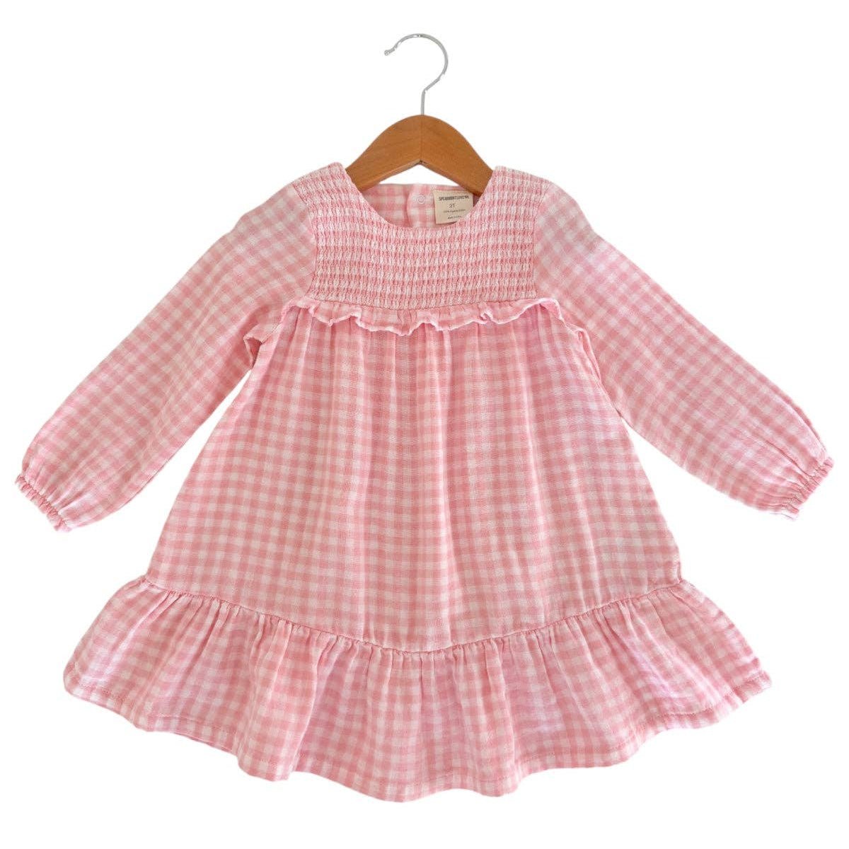 Smocked Ruffle Tiered Dress: Pink Gingham - Bossy Beans