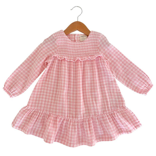 Smocked Ruffle Tiered Dress: Pink Gingham - Bossy Beans