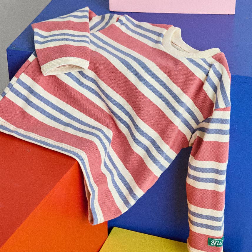 Striped Heavyweight Long Sleeve Tee - Vintage Red & Blue - Bossy Beans