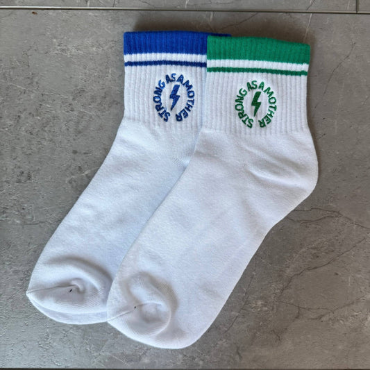Strong as a mother® Embroidered Half Crew Socks (Green) - Bossy Beans