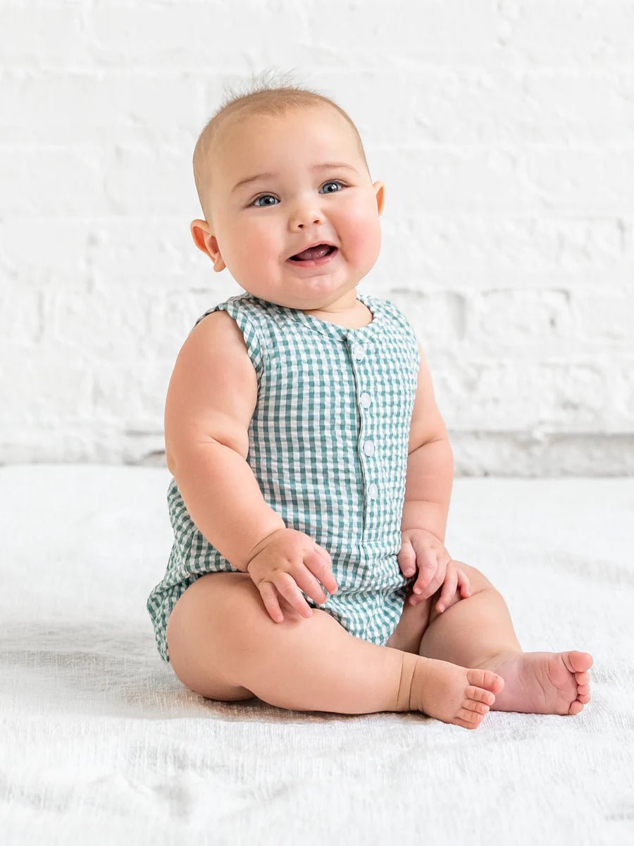 Wren Seersucker Bubble Romper - Laguna Gingham - Bossy Beans