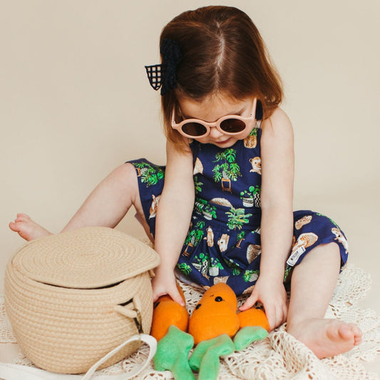 carrot stuffies and little girl in hedgehog pinafore dress
