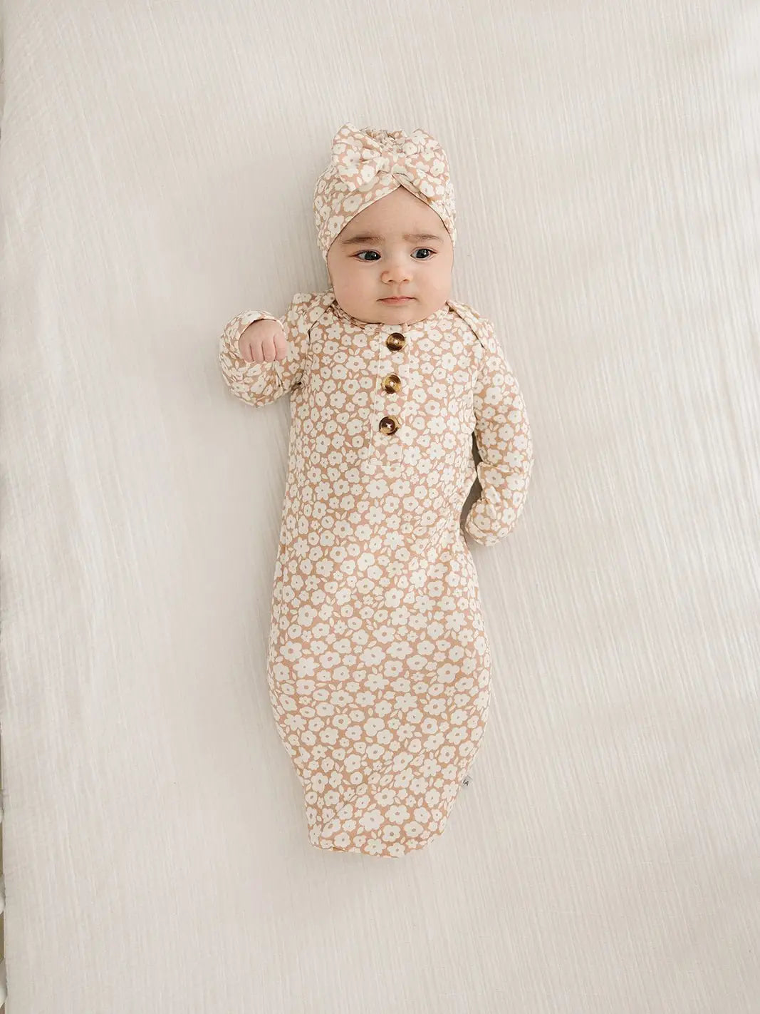 Knotted Baby Gown + Turbie - Mocha Ditsy Floral
