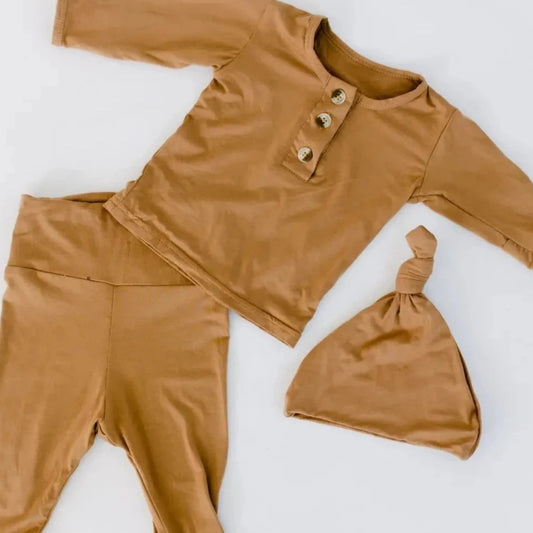 Newborn Camel top and bottom set with hat