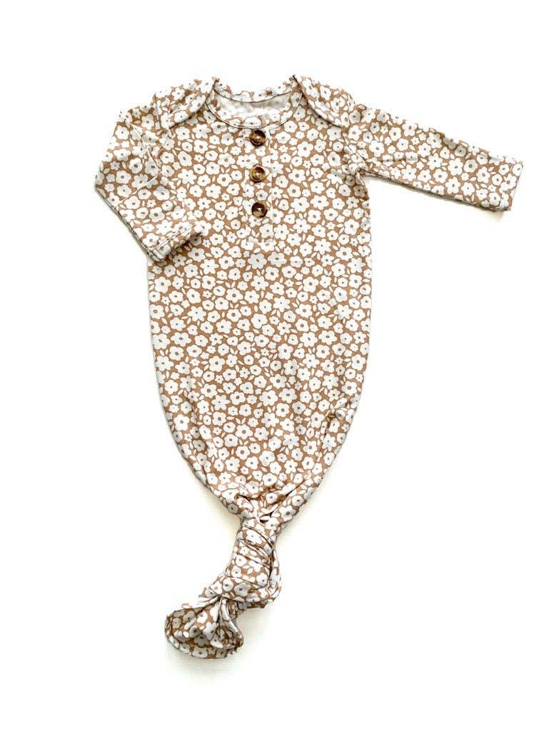 Knotted Baby Gown + Turbie - Mocha Ditsy Floral