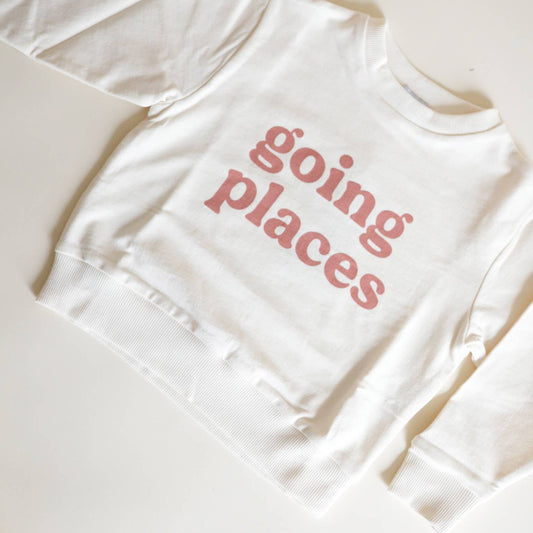 Going Places sweatshirt. Natural with pink writing.