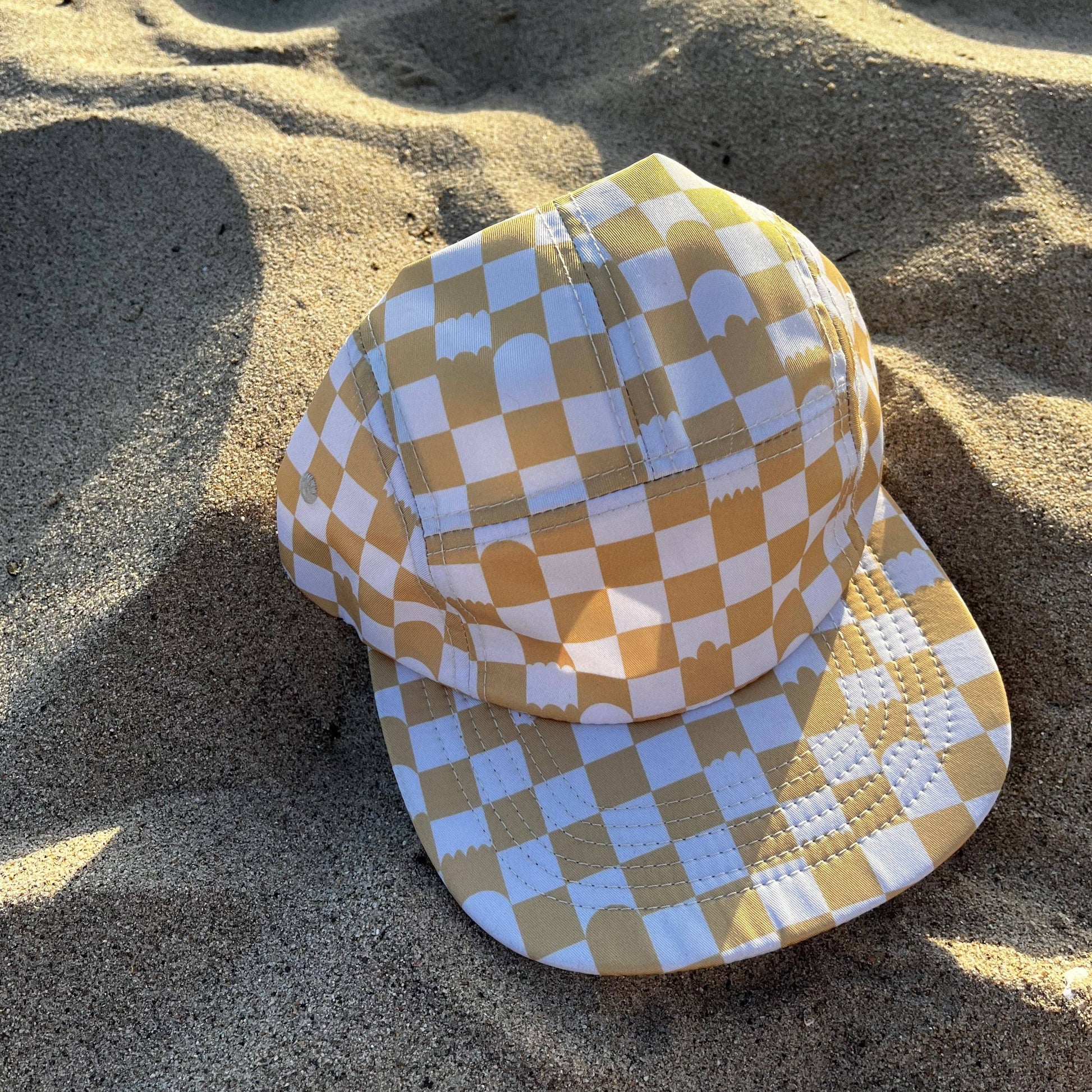 Flexible Brim Five Panel Hat - Beige Checkerboard