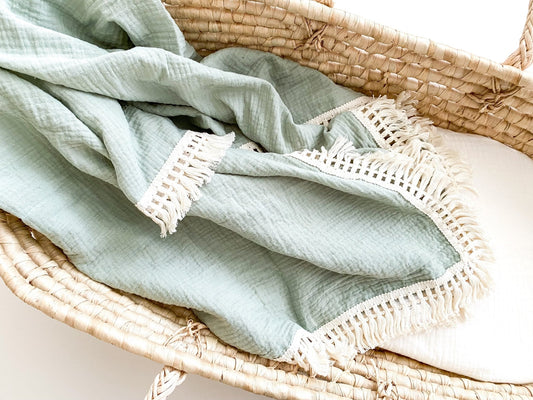 Fringe Swaddle Blanket - Sage - Bossy Beans