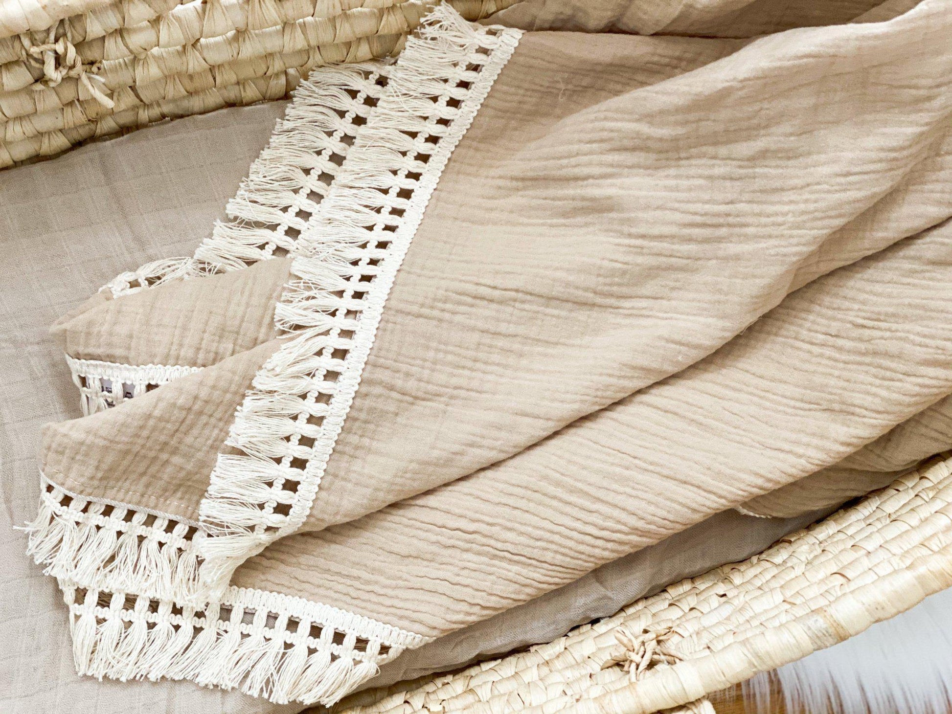 Fringe Swaddle Blanket - Tan - Bossy Beans