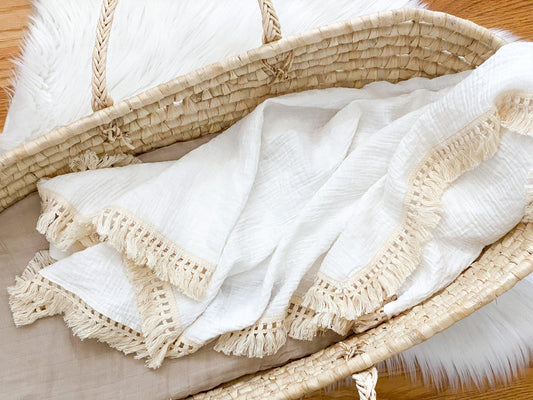 Fringe Swaddle Blanket - White - Bossy Beans