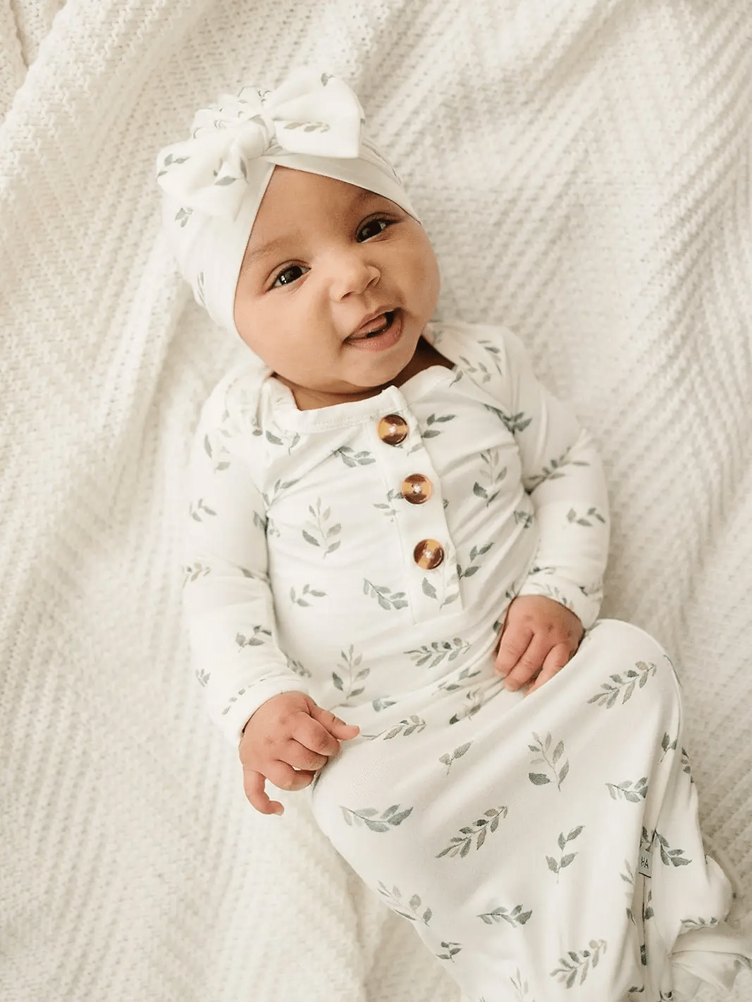 Knotted Baby Gown - Green Leaves - Bossy Beans