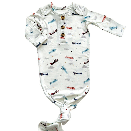 Knotted Baby Gown + Hat - Vintage Airplane - Bossy Beans
