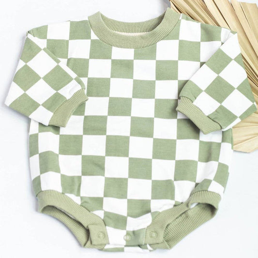 Organic Checkered Bubble Romper - Sage - Bossy Beans