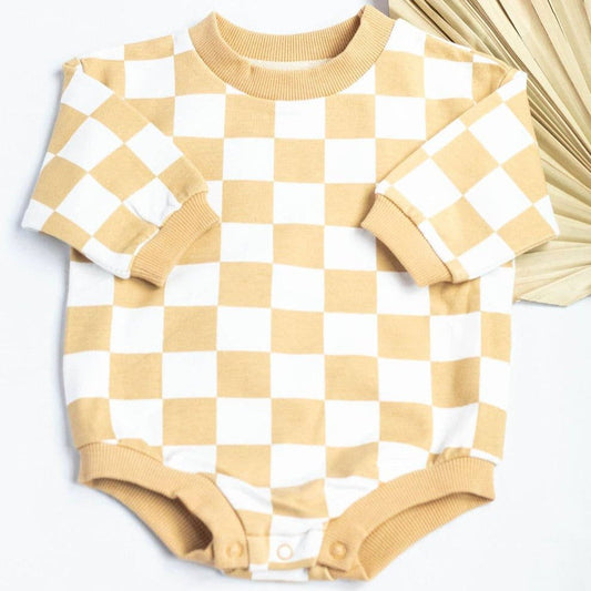 Organic Checkered Bubble Romper - Sand - Bossy Beans
