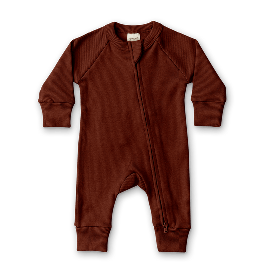 Rib Knit Zipper Romper - Redwood - Bossy Beans