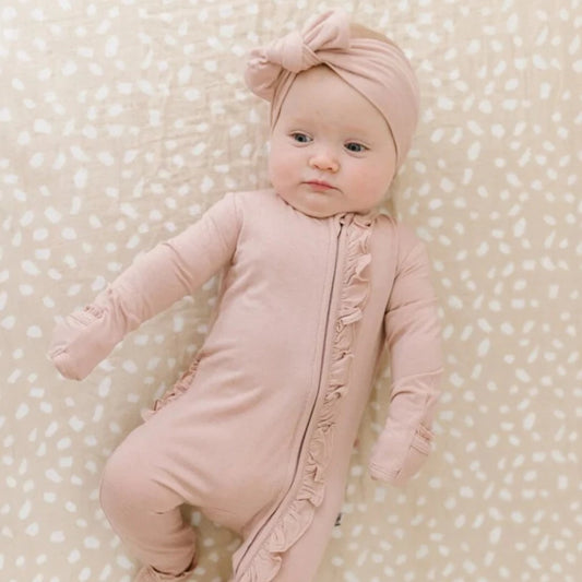 dusty pink ruffle zipper onesie