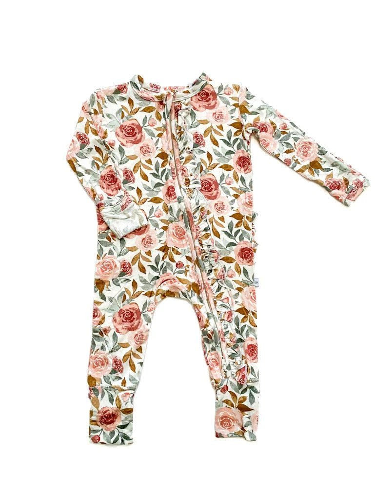 Ruffle Zipper One Piece - Dusty Pink Floral - Bamboo - Bossy Beans