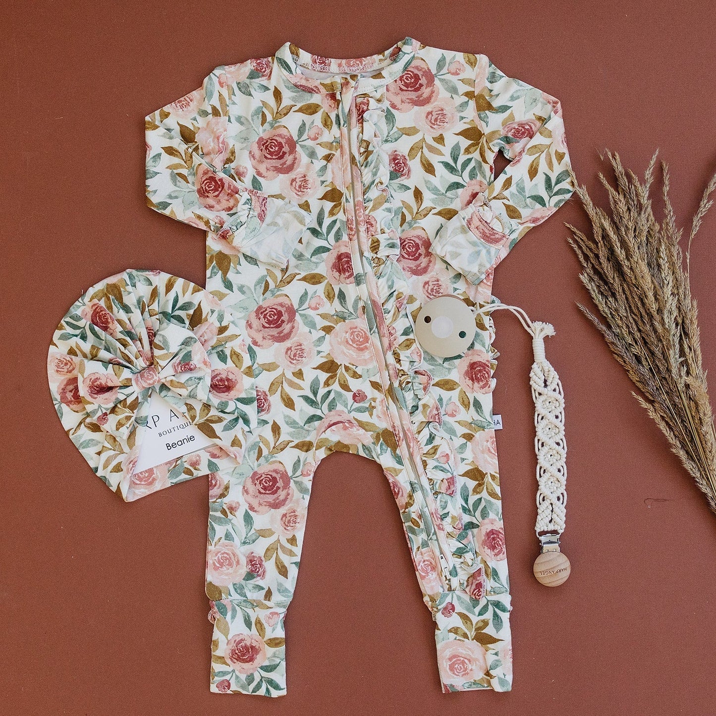 Ruffle Zipper One Piece - Dusty Pink Floral - Bamboo - Bossy Beans