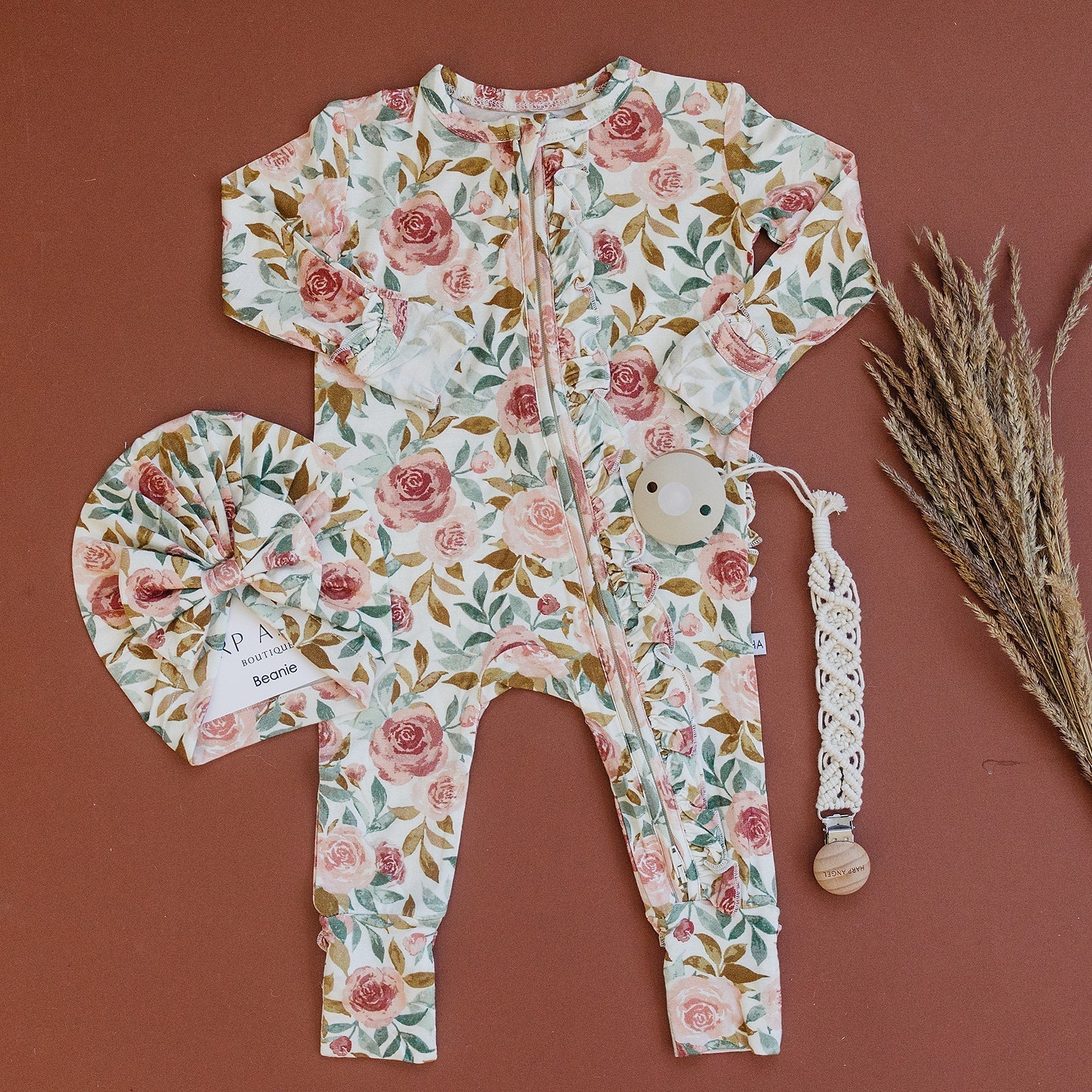 Ruffle Zipper One Piece - Dusty Pink Floral - Bamboo - Bossy Beans
