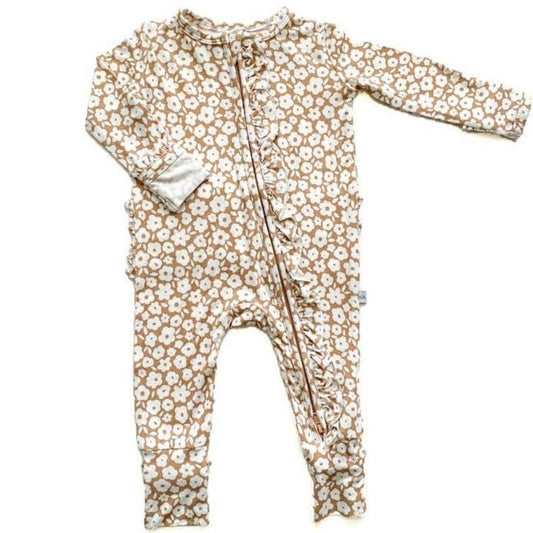 Ruffle Zipper One Piece - Mocha Ditsy Floral - Bamboo - Bossy Beans